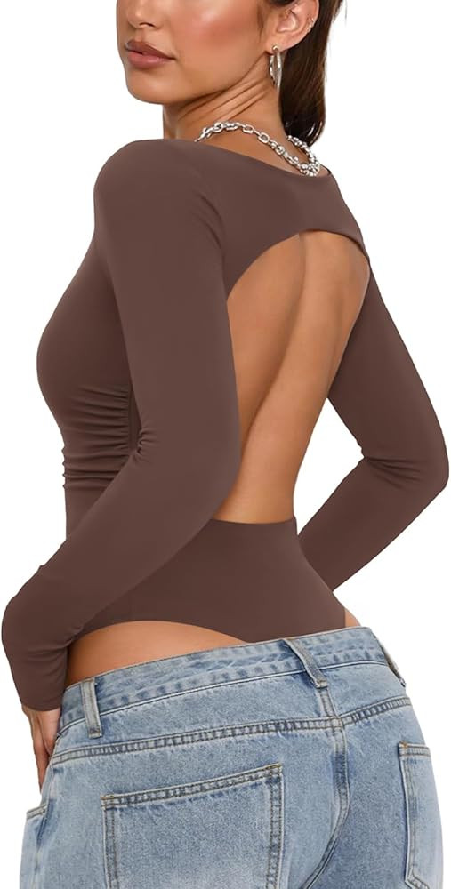 PINKMSTYLE Women Open Back Long Sleeve Bodysuit Boat Neck Double Lined Tops Slim Fit Ruched Backl... | Amazon (US)