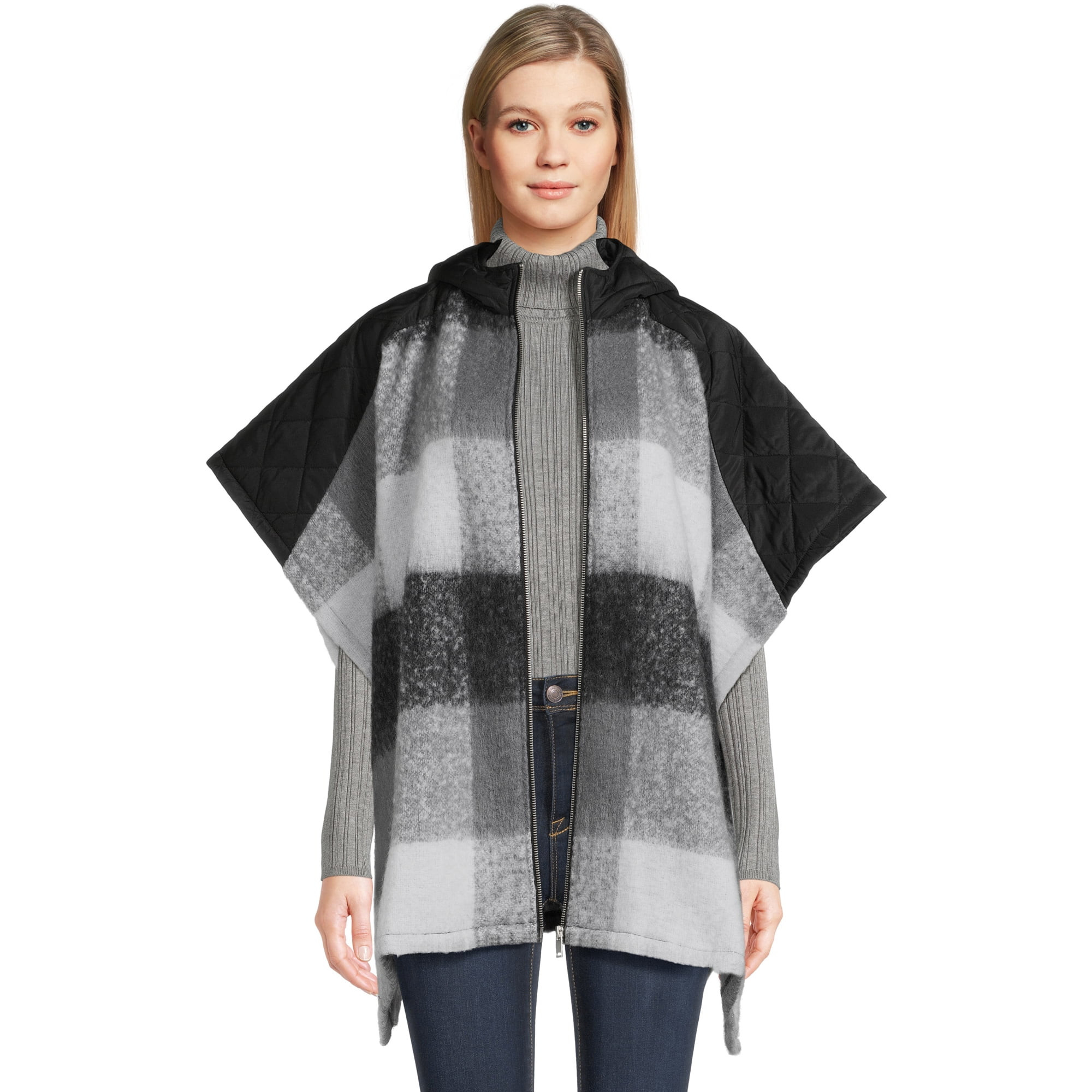 Time and Tru Women’s Plaid Zip Poncho with Hood, Sizes S/M-L-XL | Walmart (US)