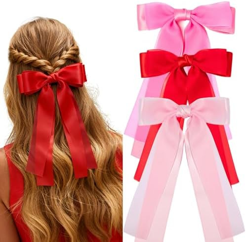 3PCS Hair Bows for Women Girls, 3 Colors Red Pink Hot Pink Bow Hair Clips Cute Big Ribbon with Lo... | Amazon (US)