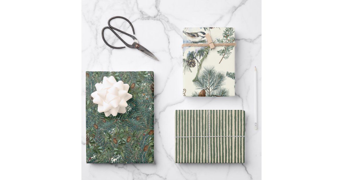 Christmas Evergreen Branches Pinecone Bird Stripe  Wrapping Paper Sheets | Zazzle | Zazzle