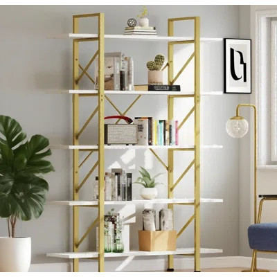5-Tier Tall Bookshelf With 5 Shelves, Vintage Open Display Storage Shelf For Home Office Living Room, Durable MDF Board With Steel Frame, Easy Assembl | Wayfair North America