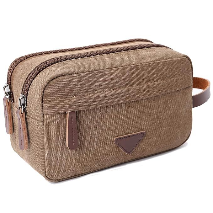 Mens Travel Toiletry Bag Canvas Leather Cosmetic Makeup Organizer Shaving Dopp Kits with Double C... | Amazon (US)