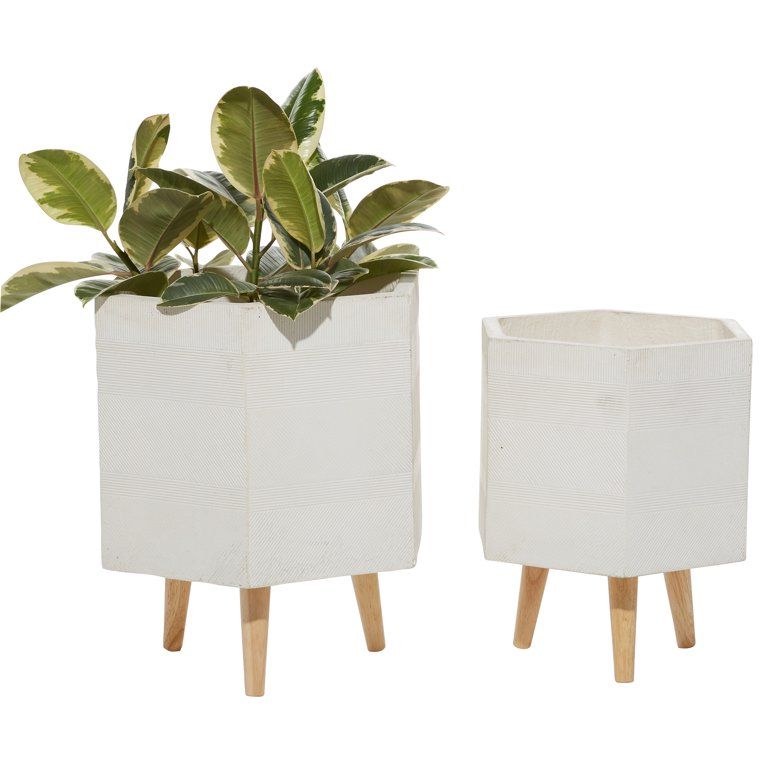 DecMode 15", 17"H Indoor Outdoor White Ceramic Planter with Wood Legs (2 Count) | Walmart (US)