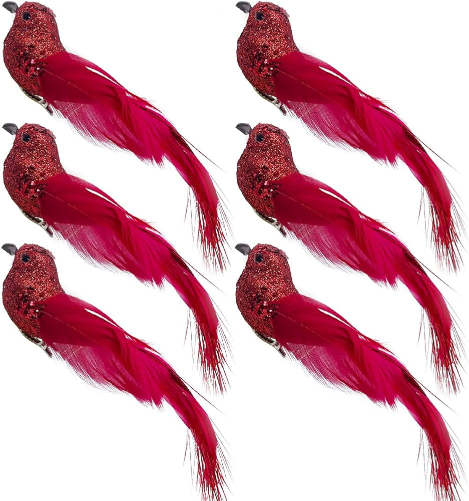 LWINGFLYER 6pcs Red Glitter Artificial Birds Sequin Clip on Bird Ornaments for Christmas Tree Dec... | Amazon (US)