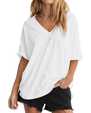 Womens Oversized T Shirts Cotton Short Sleeve Tees Ribbed Trim V Neck Tops Loose Fit Fashion Clot... | Amazon (US)