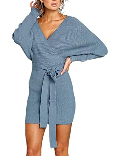 Mansy Women's Sexy Cocktail Batwing Long Sleeve Backless Mock Wrap Knit Sweater Mini Dress | Amazon (US)