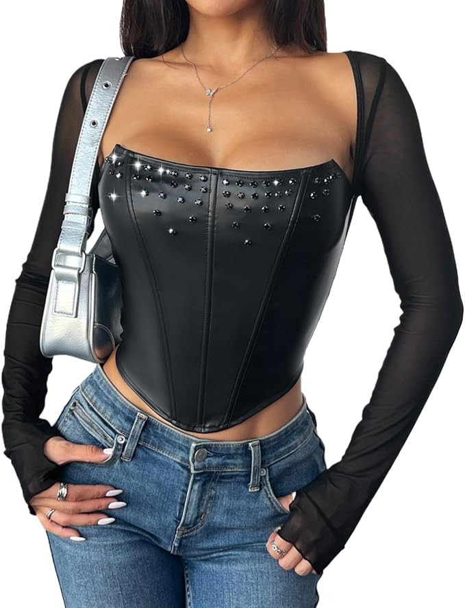 Faux Leather Corset Top for Women - Rhinestone Bustier Crop Top with Mesh Long Sleeves, Sexy Part... | Amazon (US)