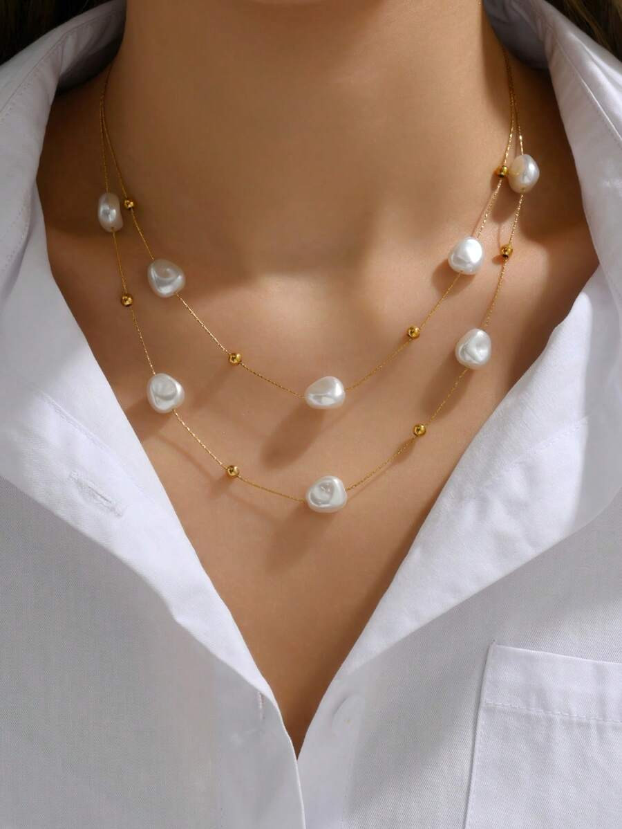 1pc Stainless Steel Double Layer Pearl Patchwork Necklace, Suitable For Women Daily Outfit & Gift | SHEIN
