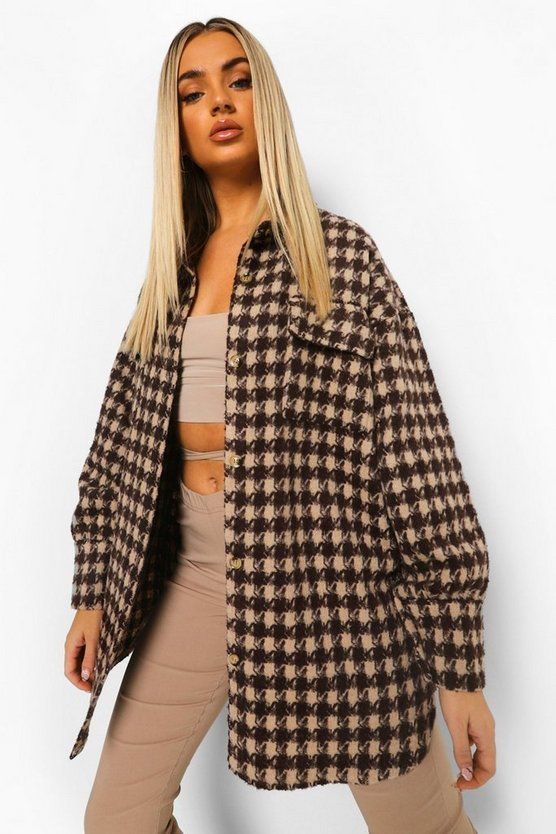 Dogtooth Checked Brushed Oversized Shacket | Boohoo.com (US & CA)