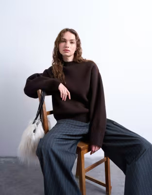 Topshop knitted chunky all needle clean crew jumper in chocolate | ASOS | ASOS (Global)