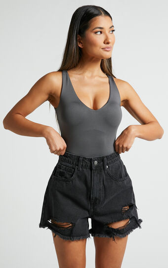 Kerrie Bodysuit - V Neck Bodysuit in Charcoal | Showpo (US, UK & Europe)