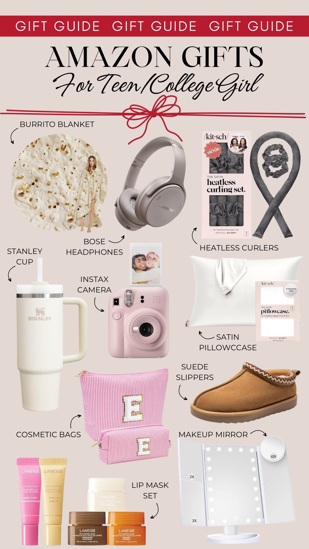 Amazon gift ideas for teen and college girls include a burrito blanket, Bose headphones, heartless curlers, a Stanley Cup, Instax camera, satin pillowcase, suede slippers, cosmetic bags, a lip mask set, and makeup mirror.

Gifts for girls, teen gift guide, college girls gift guide, Christmas gift, gift ideas for her

#LTKGiftGuide #LTKFindsUnder50 #LTKBeauty
