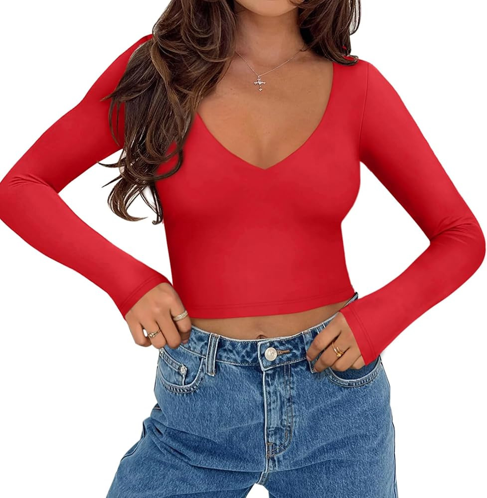 REORIA Womens Fall Sexy Casual V Neck Long Sleeve Double Lined Fitted Going Out Basic Cute Y2k Tr... | Amazon (US)