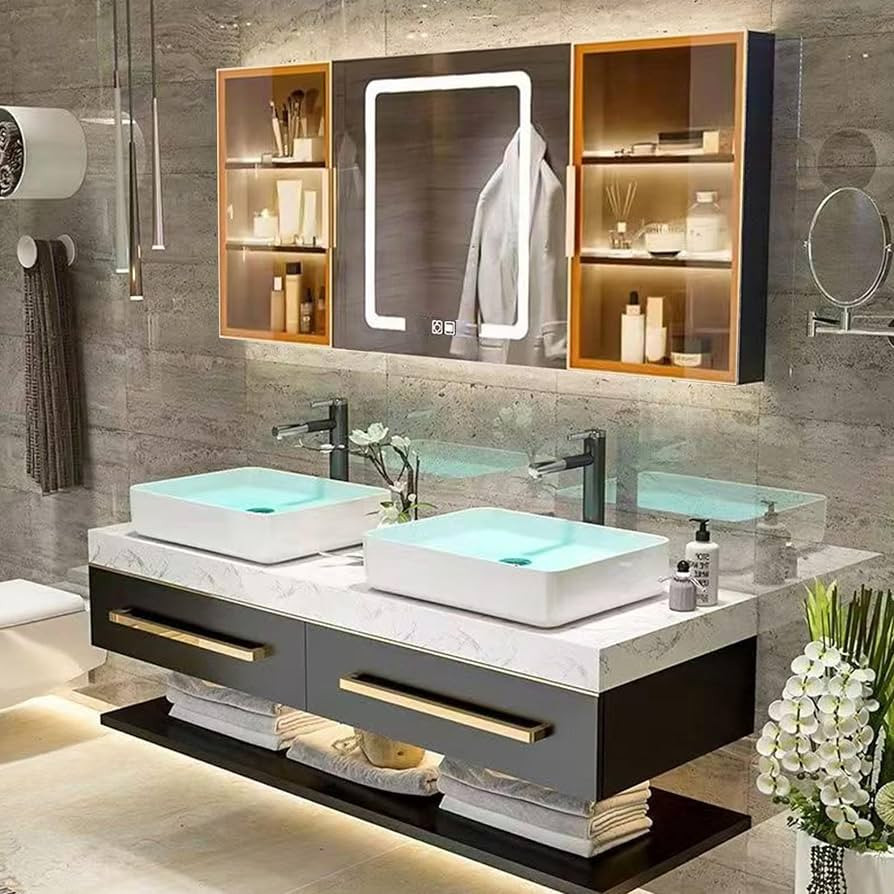 Single/Double Sink Bathroom Vanity 36-92IN, Modern Bathroom Vanity with Intelligent Mirror Cabinet, One - Button Defogging Function Sink Cabinet | Amazon (US)