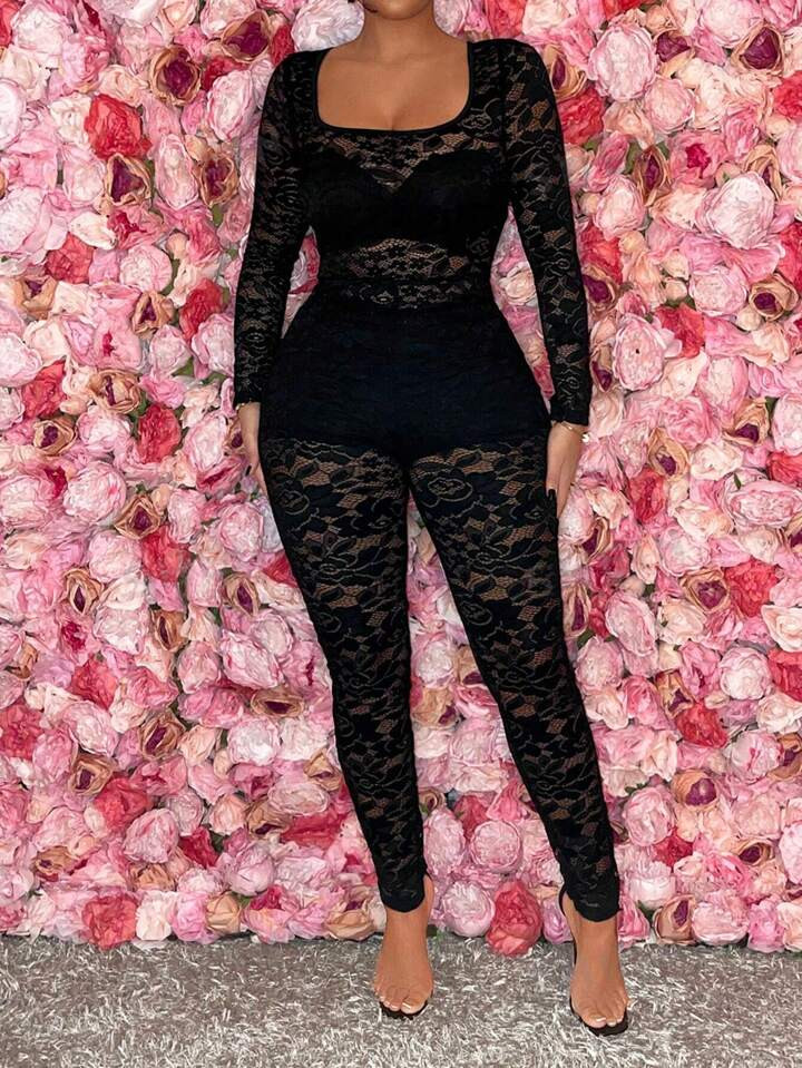 SHEIN SXY Ladies' Lace Perspective Bodysuit For Valentine's Date | SHEIN