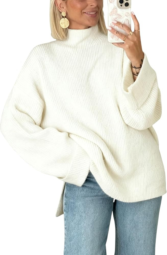 Oversized Womens Knit Sweater Cozy Ribbed Turtleneck Pullover with Side Slits | Amazon (US)