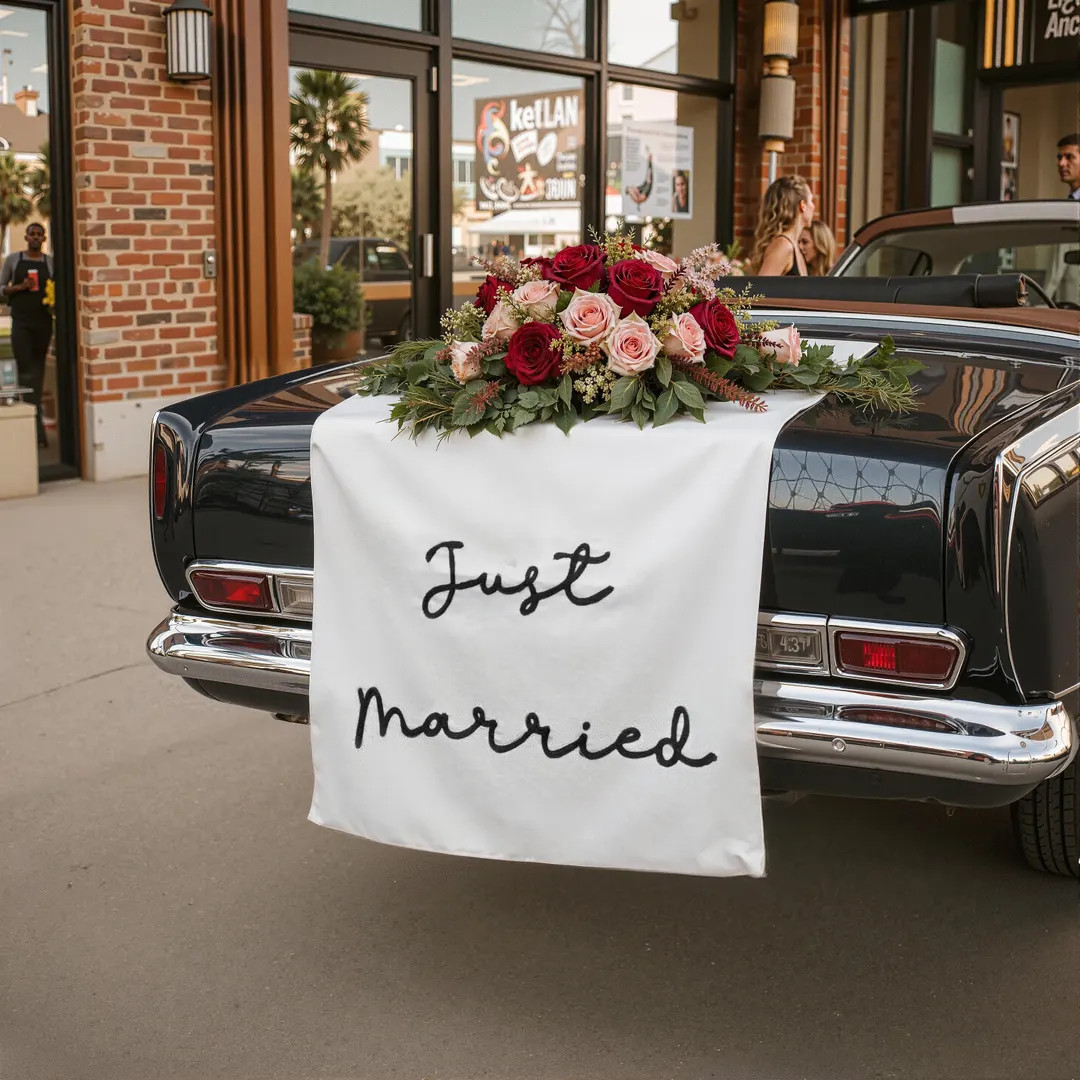 Custom Just Married Linen Sign, Hand-Embroidered Wedding Car Banner, Wedding table runner | Etsy (US)