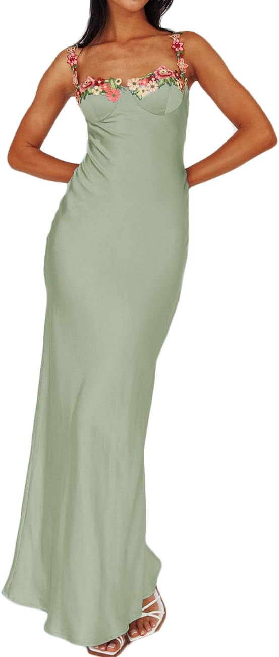 Sexy Satin Spaghetti Strap Floral Embroidered Maxi Dress for Women Sweetheart Neckline Backless S... | Amazon (US)