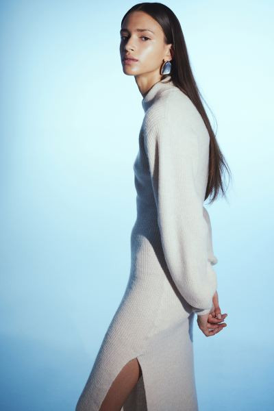 Balloon-sleeved Knit Dress - Light taupe - Ladies | H&M US | H&M (US + CA)