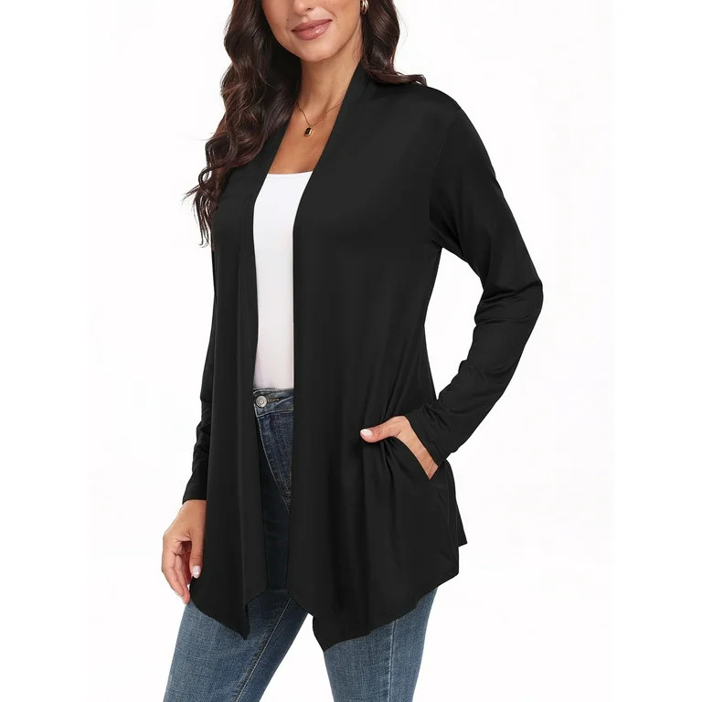 JWD Womens Casual Lightweight with Pocketes Long Sleeve Open Front Cardigan Black-XL | Walmart (US)
