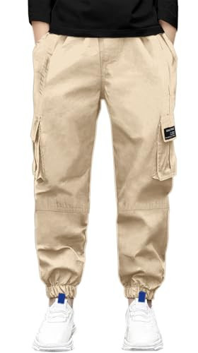 SANGTREE Boys' Cargo Pants, Solid Color Elastic Waist Jogger Pants with Pockets for Boys, Khaki, 11-12 Years = Tag 160 | Amazon (US)