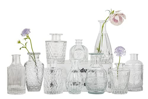 RYTADAY Glass Bud Vase Set of 10 - Mini Vintage Vases for Wedding Decorations, Home Table Flower Décor, Small Carved Vases for Centerpieces, Entryways（Clear） | Amazon (US)