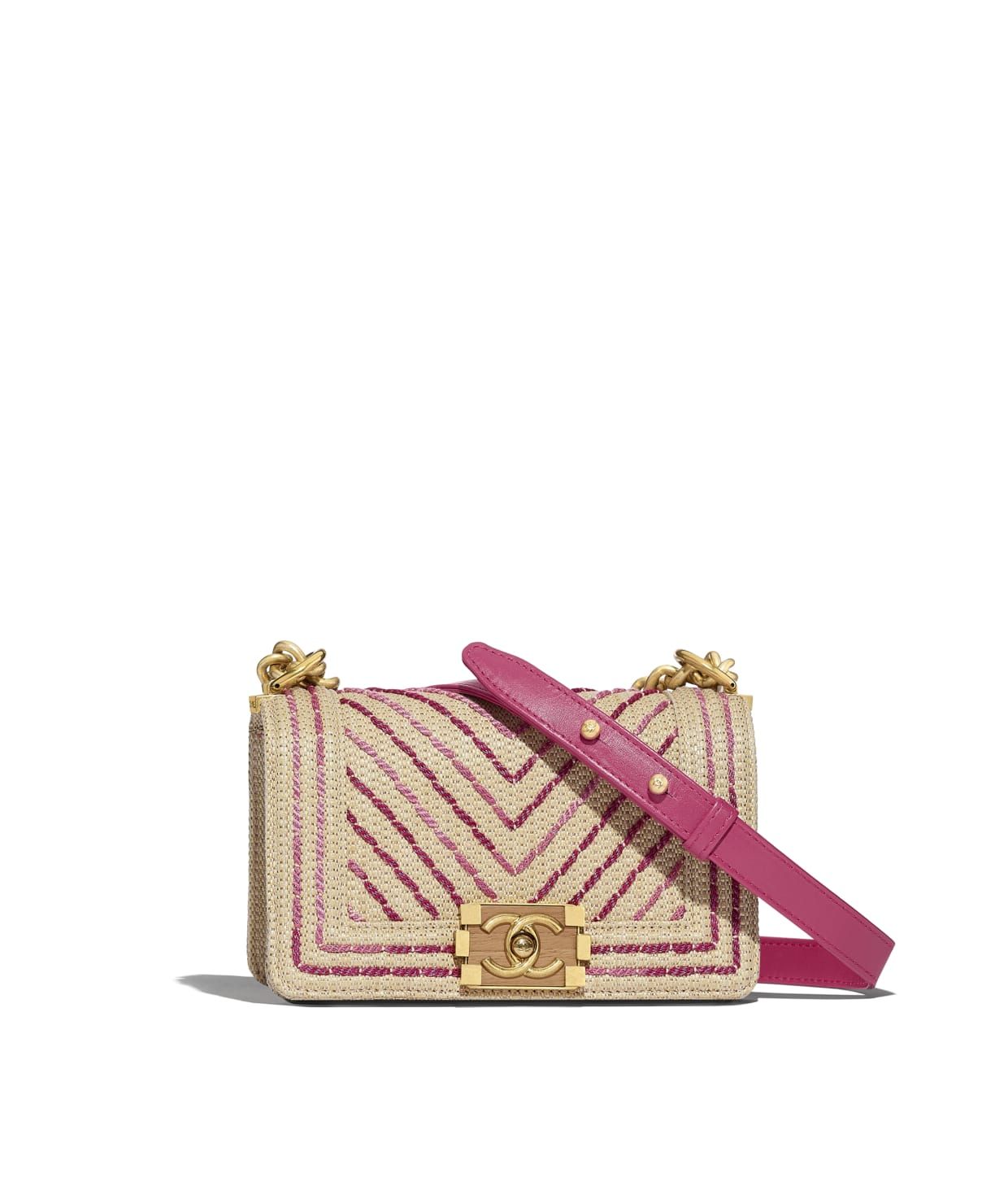 Cotton, Mixed Fibers, Calfskin & Gold-Tone Metal Beige & Pink Small BOY CHANEL Handbag | CHANEL | Chanel, Inc. (US)