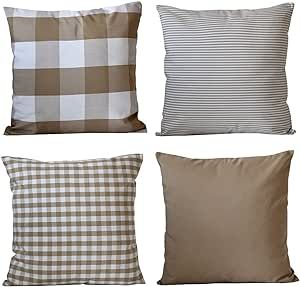 HOPLEE Farmhouse Pillow Cover Cushion Cover with Buffalo Plaid, Solid Beige, Striped and Gingham ... | Amazon (US)