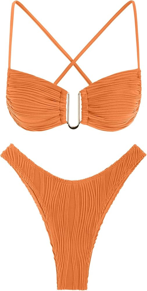 ZAFUL Women's Textured Underwire Bikini Set V Notch High Cut Swimwear Tie Side Ribbed Sexy Swimsu... | Amazon (US)