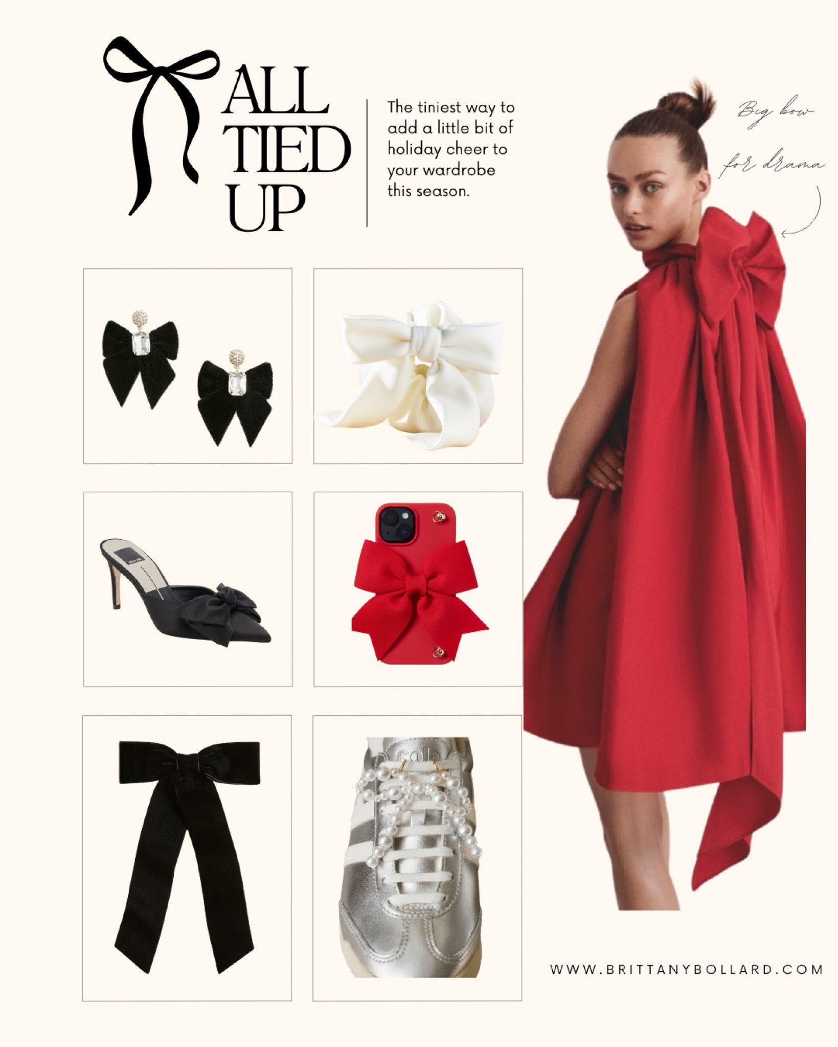 Brown paper packages all tied up with string….these are a few of my favorite things! Bows are an easy way to add festive flare to your holiday outfit!! 