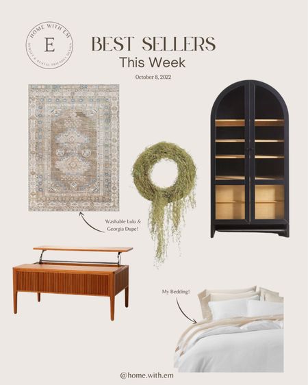 The best selling furniture and decor items from all my posts this week! This neutral washable rug, this black arched cabinet, this spooky Spanish moss wreath, this lift top coffee table with storage, and my white bedding with jersey sheets. White duvet.

#LTKstyletip #LTKfamily #LTKhome