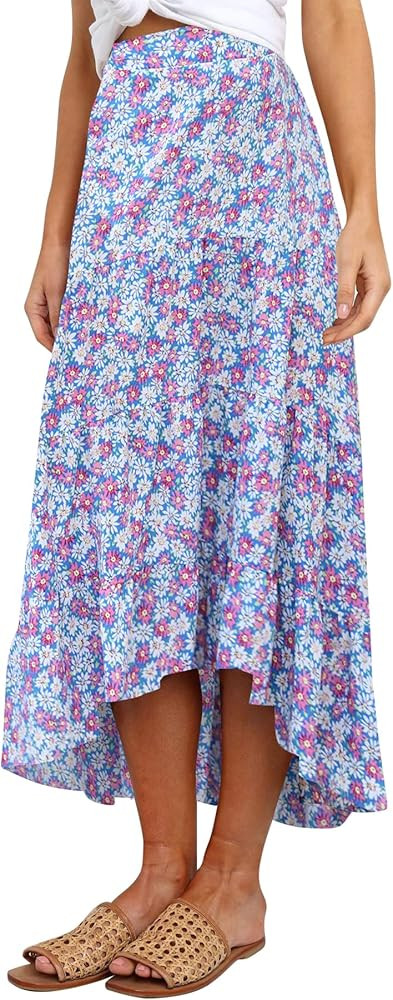 SimpleFun Women's Long Skirts Boho Floral Elastic High Waist Asymmetrical Hem Midi Skirt | Amazon (US)