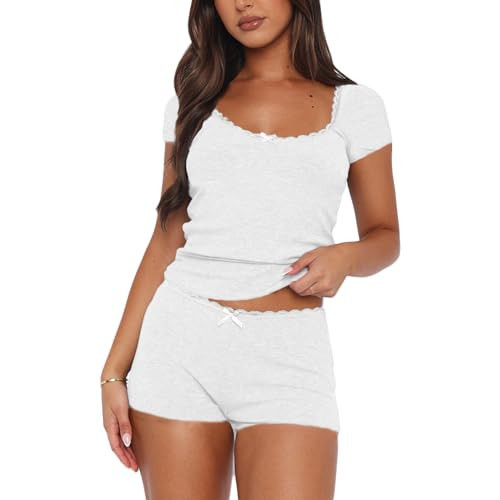 Piacakece Women's 2 Piece Lounge Set Scoop Neck Lace Trim Top and Shorts Two-Piece Summer Outfit Ladies Pajamas Sets (A-White, S) | Amazon (US)