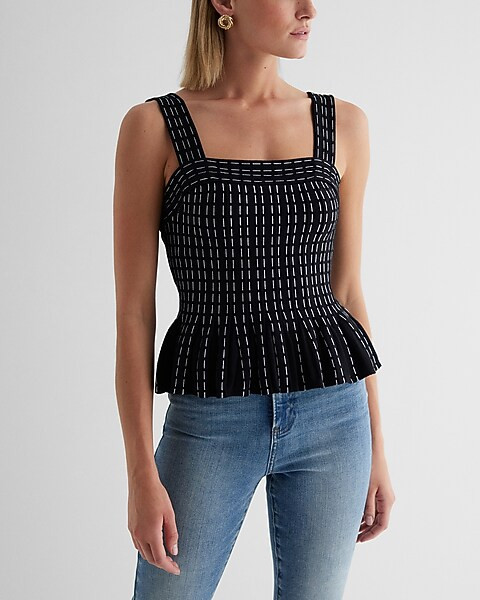 Printed Square Neck Pleated Peplum Sweater Tank | Express