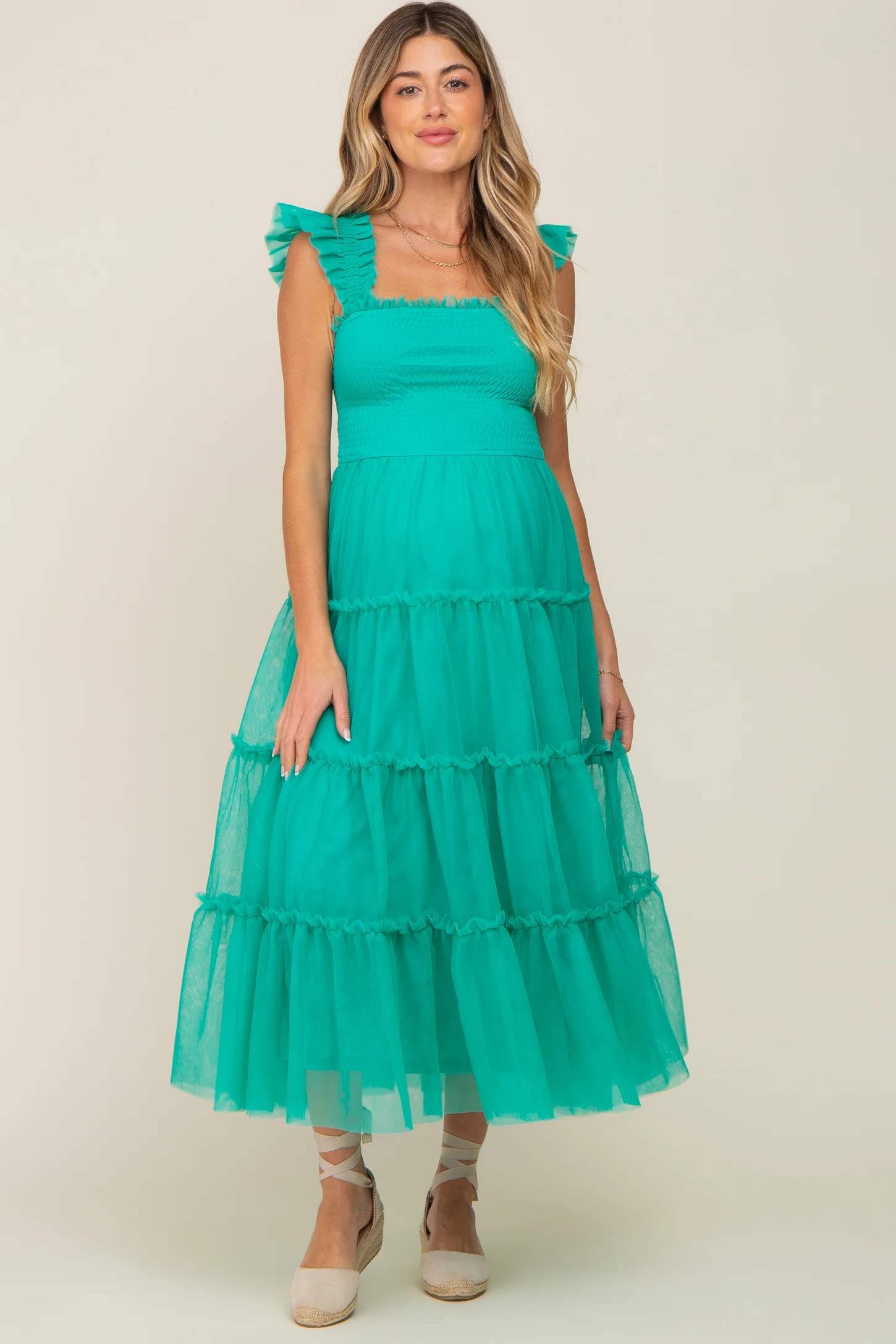 Turquoise Smocked Mesh Ruffle Accent Maternity Midi Dress | PinkBlush Maternity