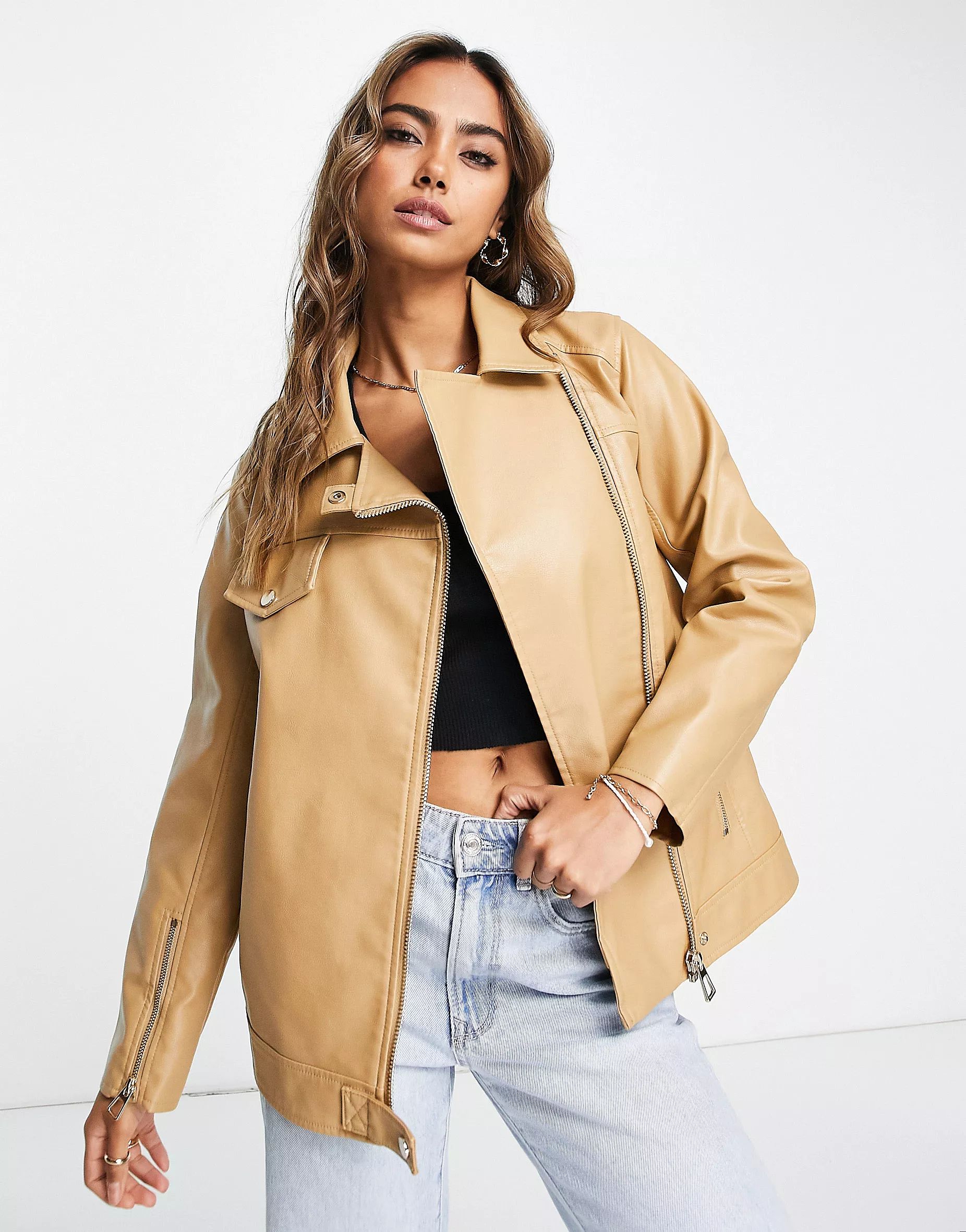 Miss Selfridge longline faux leather biker jacket in camel | ASOS (Global)