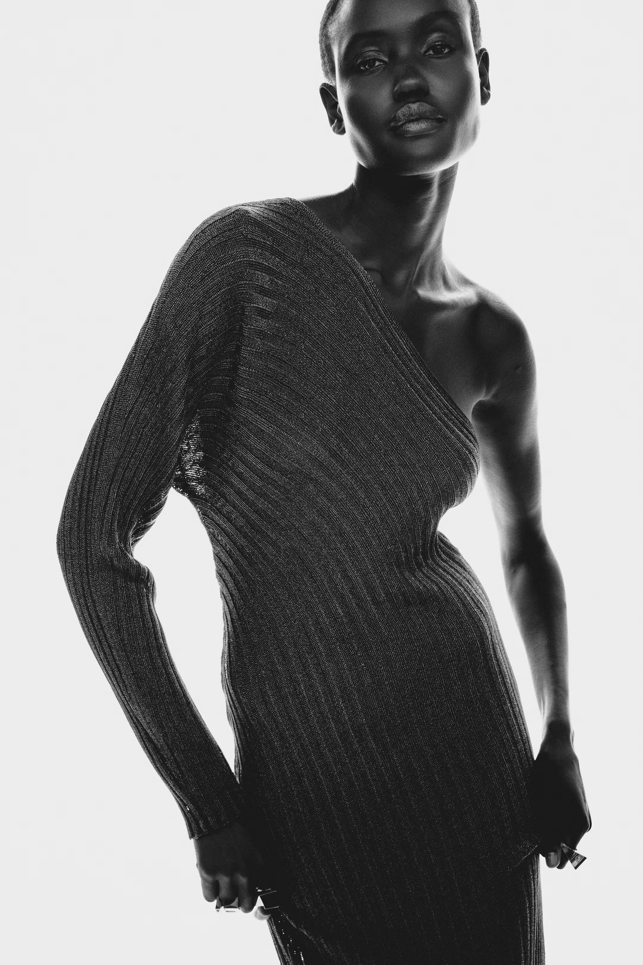 Metallic one-shoulder dress - Dark brown - Ladies | H&M GB | H&M (UK, MY, IN, SG, PH, TW, HK)