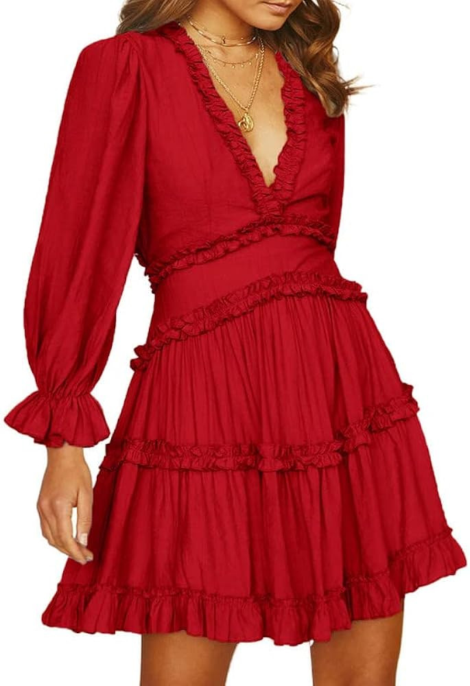 Dokotoo Womens 2025 Summer Spring Deep V Neck Ruffle Long Sleeve Open Back Flowy Mini Dress | Amazon (US)
