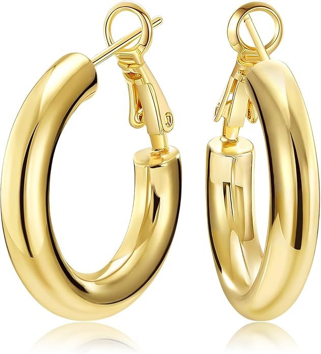 SHOWNII Chunky Gold Hoop Earrings, 14K Gold Plated Chunky Tube Hoop Earrings for Women Lightweigh... | Amazon (US)