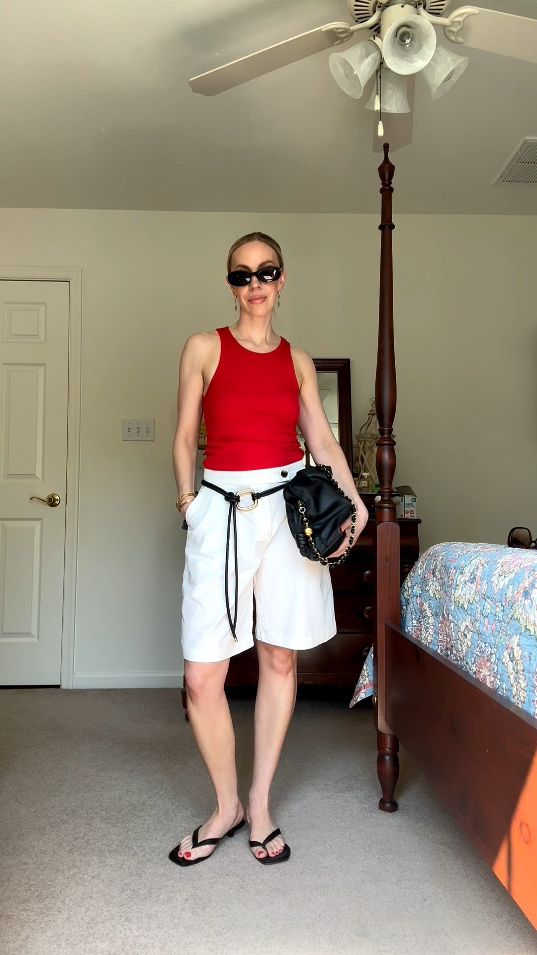 Casual chic summer outfit with red tank, white linen bermuda shorts, leather wrap belt, leather thong sandals @Madewell

#LTKTravel #LTKSeasonal #LTKOver40