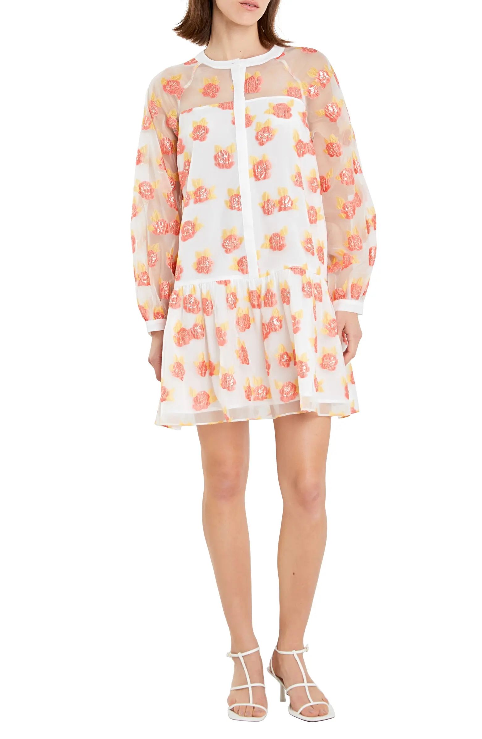 Floral Button Front Long Sleeve Organza Minidress | Nordstrom