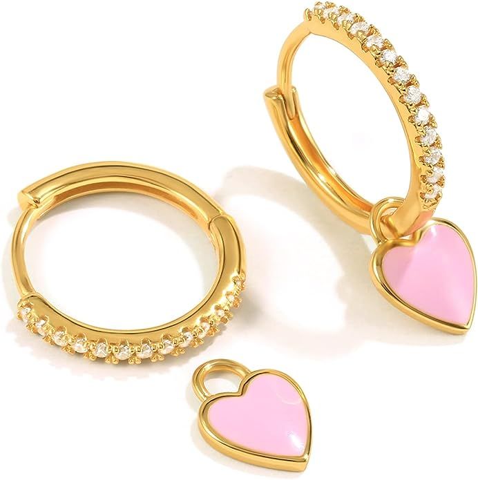 KOSINER Heart Dangle Hoop Earrings for Women,Y2K Fashion Colorful Heart Dangle Earrings,12MM 14k ... | Amazon (US)