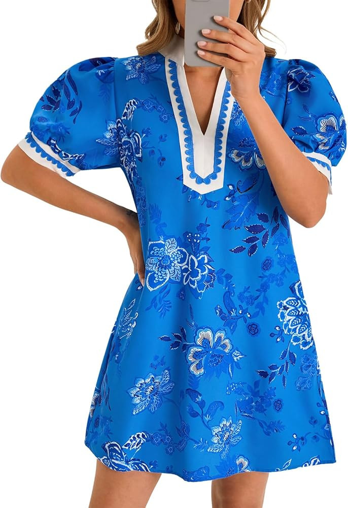 Wenrine Womens Summer Mini Dress Casual Floral Puff Sleeve V Neck Color Block Loose Boho Beach Dr... | Amazon (US)