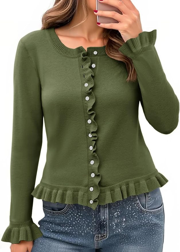 Saodimallsu Womens Ruffle Cardigan Sweaters Button Up Crew Neck Long Sleeve Cropped Sweater Cute ... | Amazon (US)