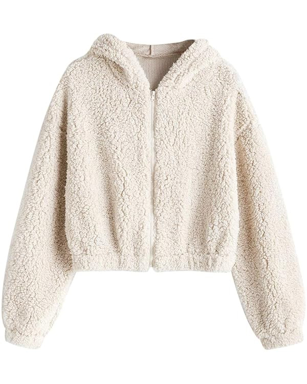 ZAFUL Women's Hooded Zip Up Faux Shearling Fluffy Teddy Jacket Coat | Amazon (US)