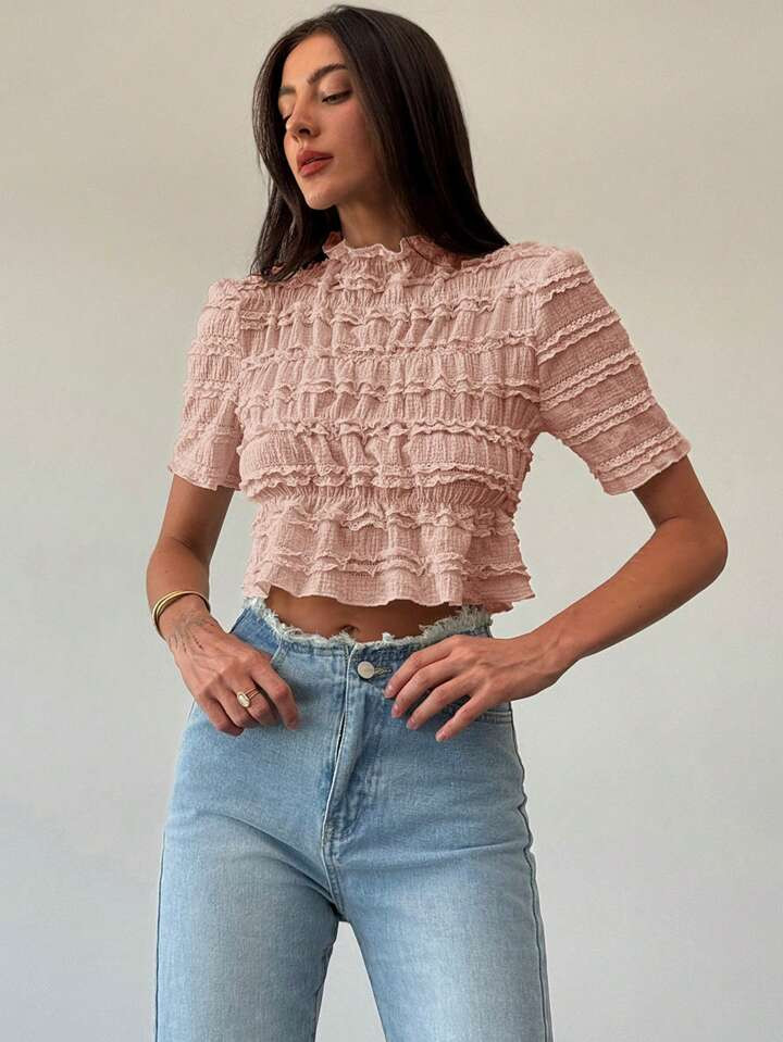 Aloruh New Knitted Jacquard Stand Collar Elastic Cuff Pullover Top | SHEIN