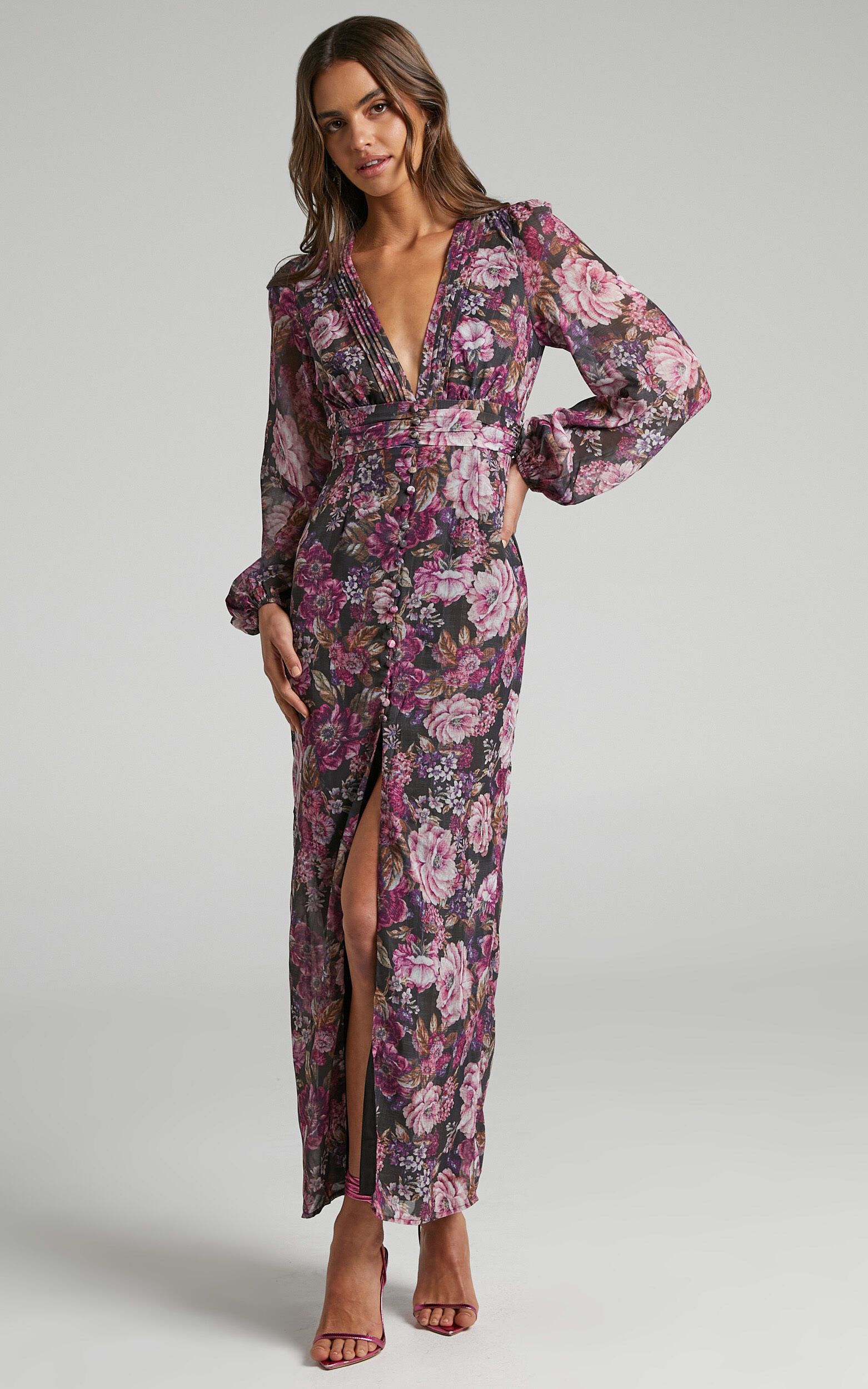 Lorelei V Neck Balloon Sleeve Maxi Dress in Harvest Floral | Showpo (US, UK & Europe)