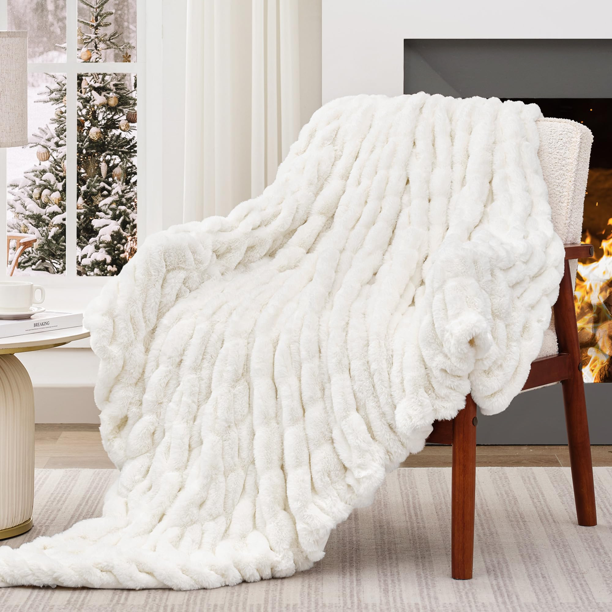 Touchat Ruched Faux Rabbit Fur Throw Blanket, 700 GSM Luxury Dual-Sided Soft Cozy Blanket, Fuzzy ... | Amazon (US)