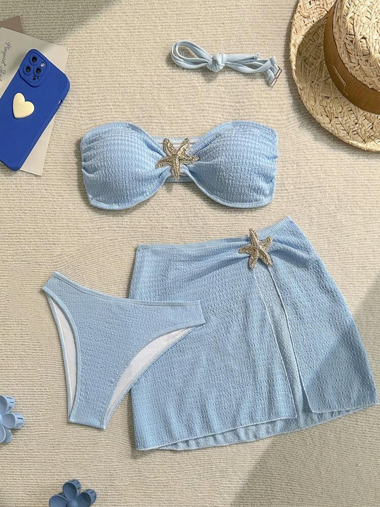 Soleia Holiday Outfits Summer Outfits Vacation Outfits Woman Summer Outfits For Women Blue Bathing Suits For Women Women's 3pcs Starfish Decor Textured Fabric Bandeau Bikini Sets For Summer, Tube Top | SHEIN