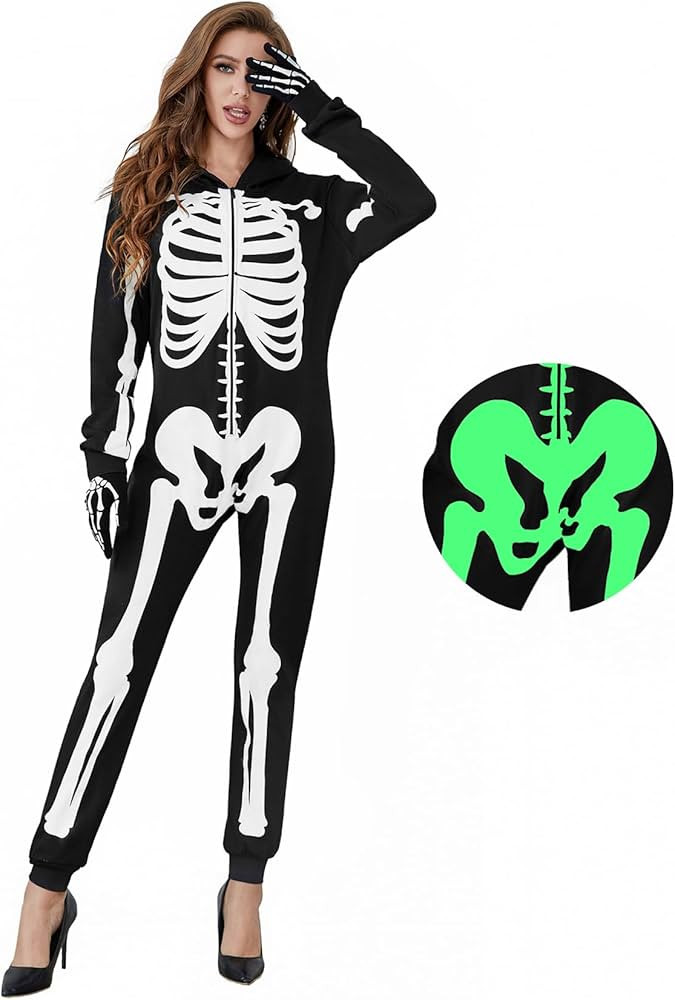 Joy Bang Skeleton Costume Woman Man, Halloween Glow in the Dark Skull Onesie Bodysuit with Gloves... | Amazon (US)